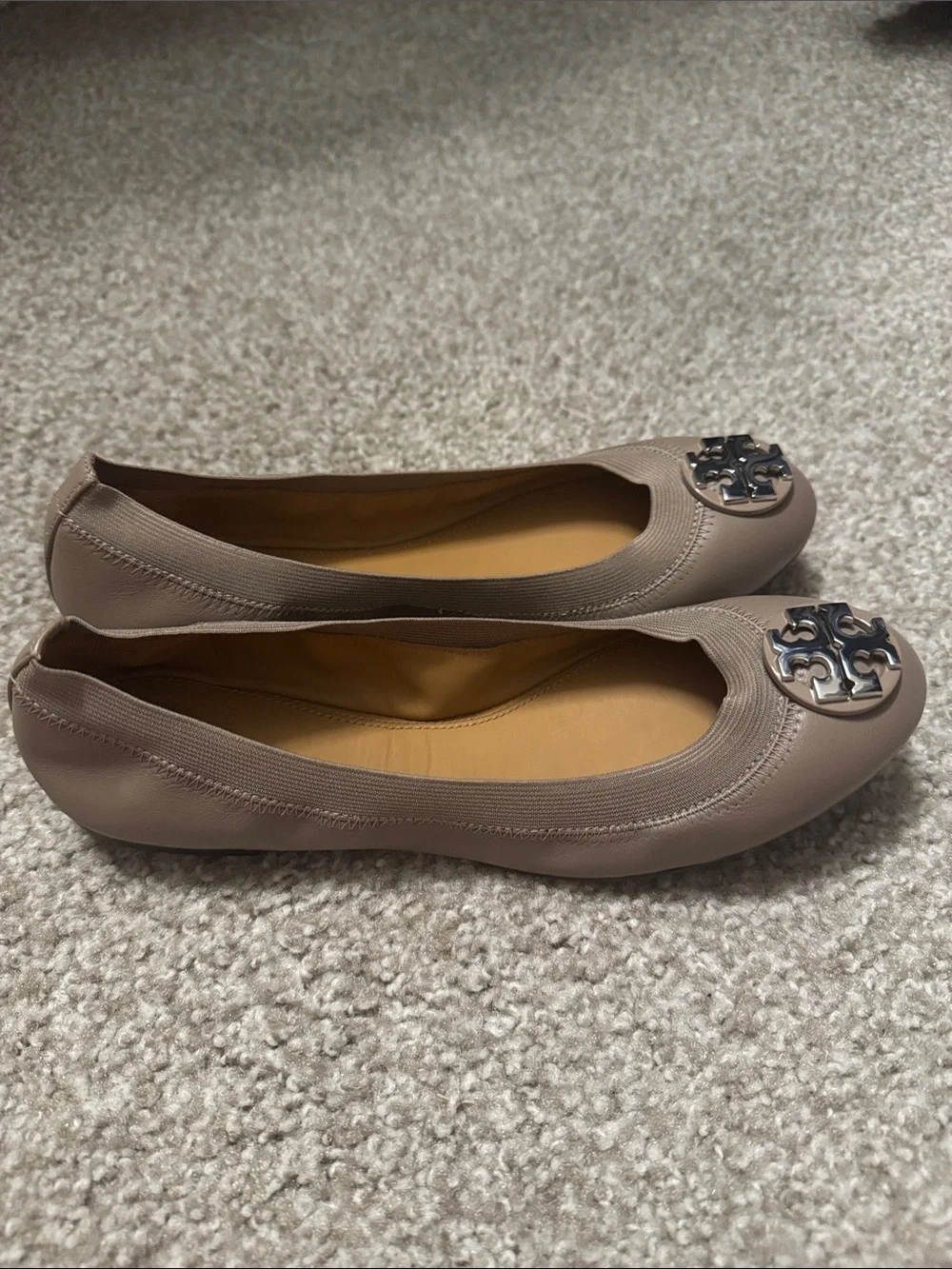 Tory Burch Taupe Leather Logo Ballet Flats